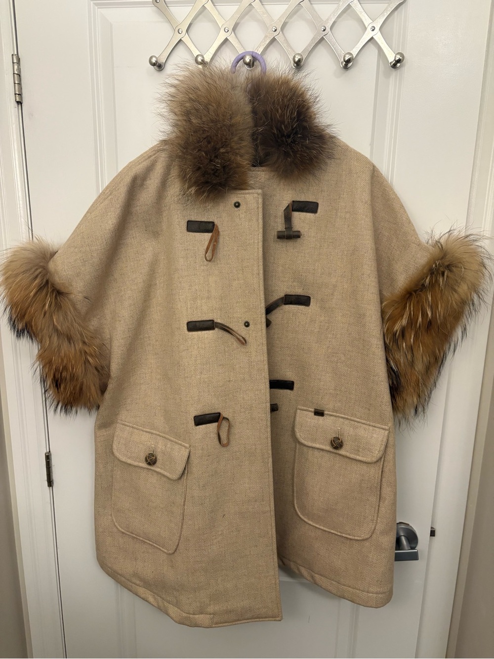 Classic Beige Wool Toggle Coat with Faux Fur Trim